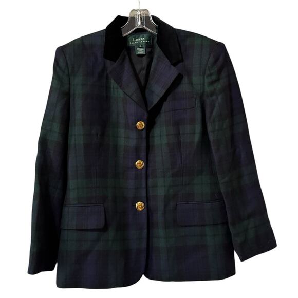 Lauren Ralph Lauren Blazer Women Size 6 Plaid Blazer Gold Buttons Wool Career